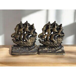 Vintage Cast Iron Book Ends "Spanish Ship" Three Mast Clipper Sailing Boat Decor